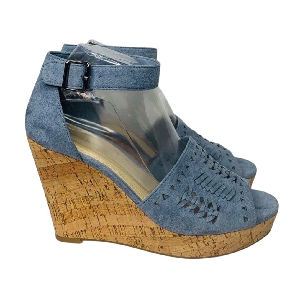 Marc Fisher Batini Faux Suede Wedge Heel Sandals Blue Womens Size 9